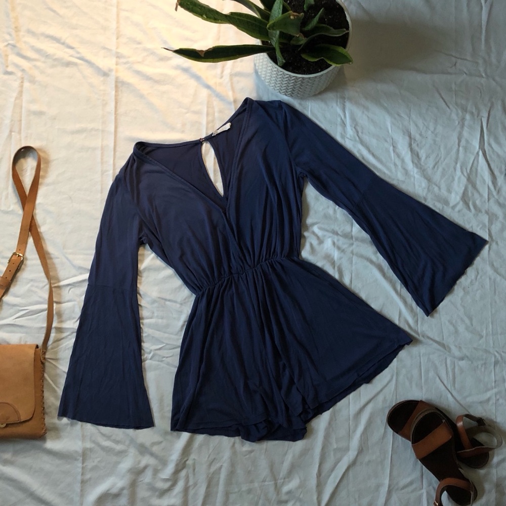 Women’s Plunging Neck Bell Sleeve Romper, Indigo